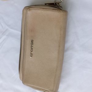 Cromia Beige 100% Cowhide Leather Wallet Wristlet Double Zip Lined Made in Italy